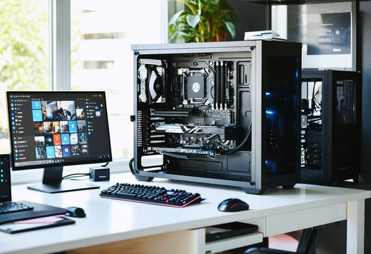 A modern desktop PC build with open case, monitor, and keyboard on a bright workspace for beginners.